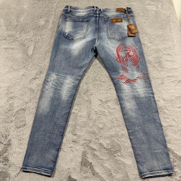 Crysp Denim Jeans Mens 42 Graffiti Art Graphic Distressed Pants Written Indigo 4 - Picture 10 of 16